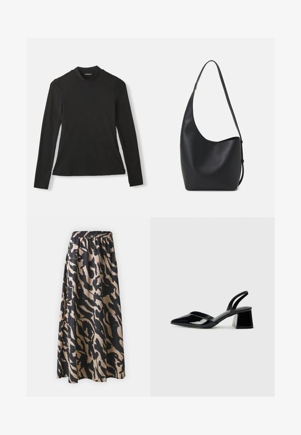 T-shirt noir à manches longues en coton doux. Présente un col haut et un design ajusté, avec une texture lisse et sans motifs visibles.; Jupe longue noire et beige avec une taille élastique, présentant un motif imprimé animal abstrait et une silhouette fluide.; Escarpins en cuir verni noir avec bout pointu et talon bloc géométrique. Présente un design élégant et minimaliste ainsi qu'une texture lisse.; Sac hobo en cuir noir avec une texture lisse, une forme incurvée et une seule sangle réglable ; dispose d'une large ouverture en haut.