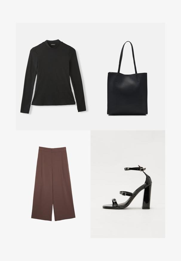 Čierne tričko s dlhým rukávom vyrobené z mäkkej bavlny. Má vysoký golier a priliehavý strih, s hladkou textúrou a bez viditeľných vzorov.; Hnedé nohavice so širokými nohavicami a hladkou textúrou, s vysokým pásom a prednými skladmi. Tkanina je ľahká a voľne sa pohybuje.; Čierne lakované sandále na podpätku so štvorcovou špičkou, navlečenými remienkami okolo členku a striebornými prackami. Disponujú masívnym blokovým podpätkom pre stabilitu.; Čierna kožená taška na rameno s hladkým povrchom, obdĺžnikovým tvarom a dvoma dlhými uchami. Bez viditeľného kovania alebo ozdôb.