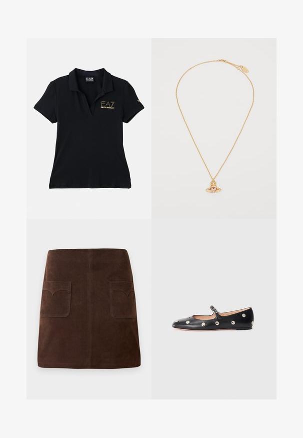 Czarna koszulka polo z bawełny z klasycznym kołnierzykiem. Zawiera złote logo na piersi oraz subtelną emblemat markowy na rękawie.; Brązowa zamszowa spódnica w klasycznym kształcie A, z dwiema przednimi kieszeniami z zaokrąglonymi klapami i subtelnymi detalami szewnymi.; Czarne skórzane buty typu Mary Jane na płaskim obcasie z zaokrąglonym czubkiem, ozdobione srebrnymi okrągłymi ćwiekami oraz regulowanym paskiem z klamrą.; Złoty naszyjnik łańcuszkowy z wisiorkiem w kształcie serca z różowego kamienia szlachetnego, o geometrycznym wzorze z małymi przezroczystymi akcentami.