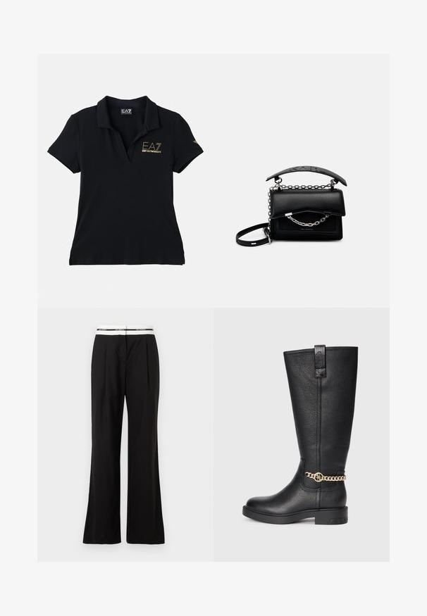 Črna polo majica iz bombaža s klasičnim ovratnikom. Ima zlat logo na prsih in subtilen emblem blagovne znamke na rokavu.; Črne hlače sproščenega kroja z belim elastičnim pasom z blagovno znamko. Narejene iz gladkega materiala z rahlim sijajem.; Črne usnjene škornje do kolen z teksturirano površino, ki imajo dekorativni zlat verižni dodatek in ravno gumijasto podplato.; Črna usnjena torbica s strukturirano zasnovo, poudarki iz verige in ročaji ter teksturirana površina. Ima pokrov z vidno blagovno znamko.
