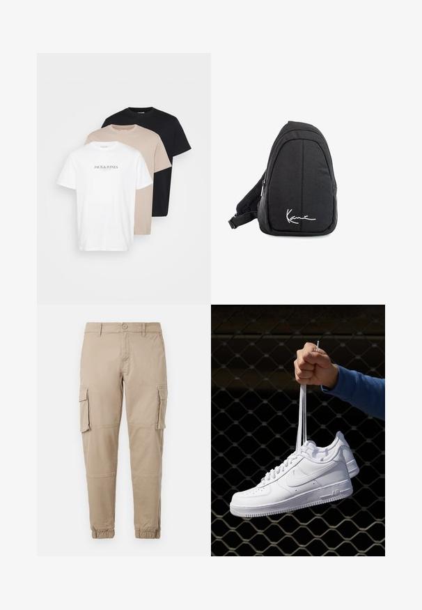 Kolme t-paitaa pinoittain: valkoinen logolla, beige ja musta. Valmistettu puuvillasta, jossa on pyöreä kaula-aukko, lyhyet hihat ja klassinen istuvuus.; Beige cargo-housut kevyestä puuvillamateriaaliesta. Omistaa elastiset hihnat, useita sivutaskuja ja nappisuljin.; Valkoiset nahkasneakersit, joissa on rei'ityksiä, pyöreä kärki, tasapohja ja paksut nauhat, joissa on näkyvä swoosh-logo ja "AIR" kantapäässä.; Musta kangaskassireppu, jossa on sileä pinta, kaareva muotoilu, vetoketjullinen osio ja valkoinen logo etupuolella.