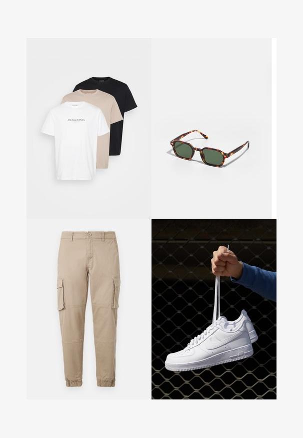 Tři trička poskládaná: bílé s logem, béžové a černé. Vyrobené z bavlny, s kulatým výstřihem, krátkými rukávy a klasickým střihem.; Béžové cargo kalhoty z lehkého bavlněného materiálu. Mají elastické manžety, více bočních kapes a zapínání na knoflík.; Bílé kožené tenisky s perforacemi, kulatou špičkou, plochou podrážkou a silnými tkaničkami, které mají viditelné logo swoosh a nápis "AIR" na patě.; Kočičí brýle v barvě želvoviny se zelenými skly, s osmiúhelníkovým tvarem a úzkými, zakřivenými stranami. Materiál má lesklý povrch.