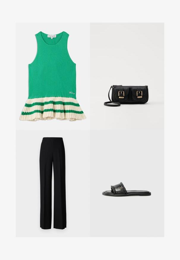 Top verde cu dungi, cu bretele, cu un tiv din tricot crem cu volan, având dungi verzi. Logo brodat pe față, aproape de tiv.; Pantaloni negri cu picioare largi, cu o textură netedă, având o talie înaltă și pliseuri centrale. Fără modele vizibile sau detalii de hardware.; Sandal cu talpă plată din piele neagră, cu detaliu de curea împletită și un design elegant. Textură netedă și profil minimalist.; Geantă neagră din piele, tip crossbody, cu două buzunare frontale, catarame aurii, închidere cu fermoar și o curea subțire. Suprafață texturată și formă rectangulară compactă.
