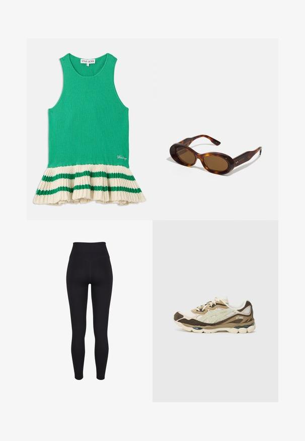 Grön ribbad tanktop med en utsvängd krämfärgad stickad nederdel som har gröna ränder. Logotypen är sydd framtill nära nederkanten.; Svarta ribbade leggings med hög midja, som har en sömlös design, smal passform och slät textur. Lämpliga för träning.; Beige och bruna ASICS löparskor med övre del i mesh och mocka, dämpad sula och varumärkeslogotyp på sidan och hälen.; Sköldpaddsmönstrade solglasögon med ovala linser, brun toning och guldapplikationer på bågarna. Tjocka bågar med glänsande yta och slät textur.