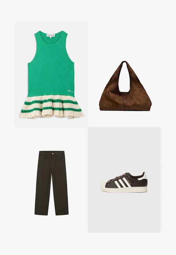 Grön ribbad tanktop med en utsvängd krämfärgad stickad nederdel som har gröna ränder. Logotypen är sydd framtill nära nederkanten.; Mörkgröna vida jeans i bomullsblandning, med knäppning fram, fem fickor och klassisk denimstickning.; Low-top Adidas Superstar-sneaker i mörkbrunt läder med krämfärgad tåhätta, vita ränder och texten "Superstar" på sidan.; Brun mocka axelväska med öppen topp. Har en djup, bred kropp, urgröpt handtag och minimal sömnad för en ren design.