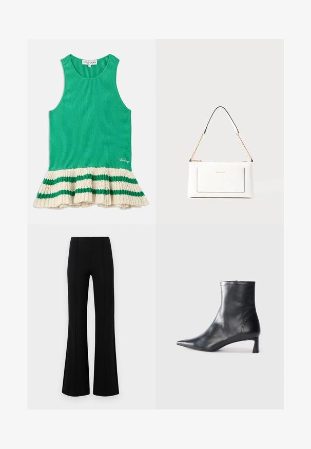 Green ribbed tank top with a flared cream knit hem featuring green stripes. Logo stitched on the front near the hem.; Black flared pants with a high waist, made of stretchy fabric. Features vertical seam details on the front and a smooth texture.; Black leather ankle boot with a pointed toe and a sleek design. Features a low heel and a zipper closure at the back. Smooth texture.; White leather handbag with a textured finish, featuring a gold chain strap and black accents. Includes a front pocket and zipper closure.