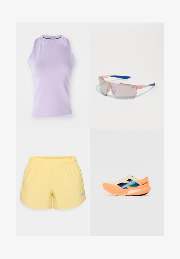 Lilla utenermet topp med høy hals, ribbet tekstur og en subtil logo. Glatt stoff, tettsittende fasong og ingen pynt.; Gule idrettsshorts med elastisk midjebånd og en liten grå logo nederst til høyre. Glatt stoff, lett og kort design.; Løpesko med en lett kremfarget overdel, blå merkevare og oransje detaljer på sålen. Nettverksstruktur for pusteevne.; Nike Course solbriller med en transparent ferskenfarge ramme, blå detaljer og iriserende linser. Vinklet design med et sporty estetikk.