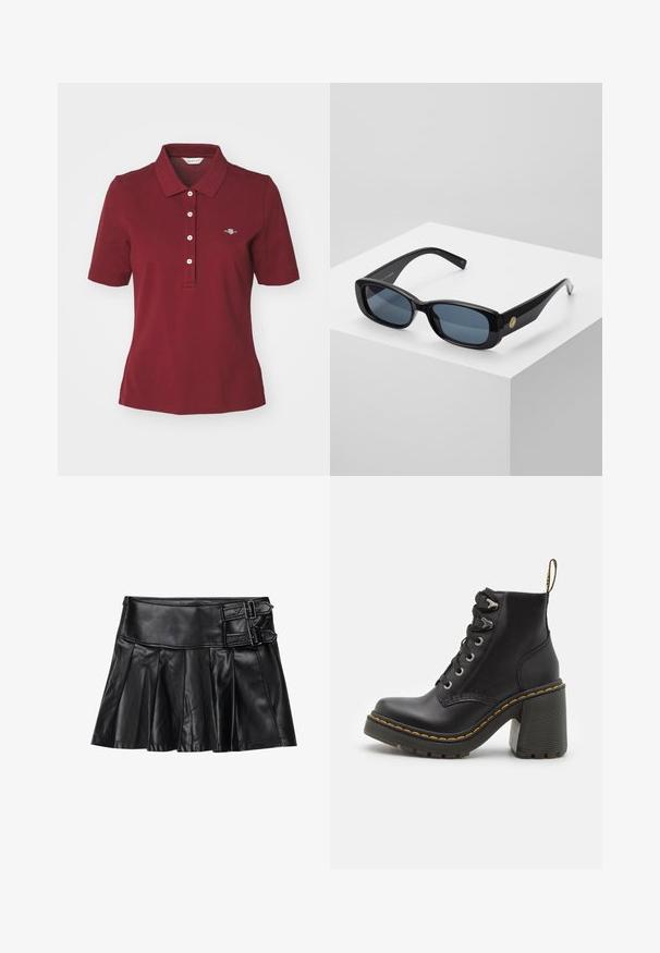 GANT - Koszulka polo; Czarna skórzana spódnica z plisami, szerokim pasem i dwoma detalami w postaci klamer z boku. Gładka faktura o błyszczącym wykończeniu.; Czarne skórzane botki za kostkę z masywnym wysokim obcasem, sznurówką z przodu, metalowymi oczkami i żółtym przeszyciem wzdłuż podeszwy. Teksturowana gumowa podeszwa.; Czarne prostokątne okulary przeciwsłoneczne z przyciemnionymi niebieskimi soczewkami, grubymi ramkami i złotym okrągłym akcentem po boku. Gładkie, błyszczące wykończenie.; Burgundowa torebka wykonana z materiału syntetycznego, o strukturalnym designie, z odpinanym paskiem i chustą w kwiatowy wzór związaną na uchwycie.