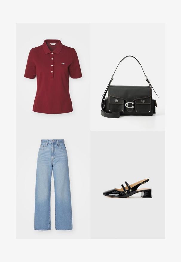 GANT SLIM FIT - Pikeepaita - plumped red; Vaalean siniset korkeavyötäröiset löysät farkut, joissa on etuvetoketju ja nappikiinnitys, sekä edessä että takana taskut, valkoista taustaa vasten.; Musta lakattu slingback-kengät teräväkärkisellä muotoilulla, kahdella hihnalla, kultaisilla pyöreillä yksityiskohdilla ja matalalla paksupohjalla.; Mustat nahkakäsilaukku, jossa on läppäkiinnitys, hopeiset metalliosat, kaksi etutaskua, kontrastivärinen ompelu ja irrotettava olkahihna.