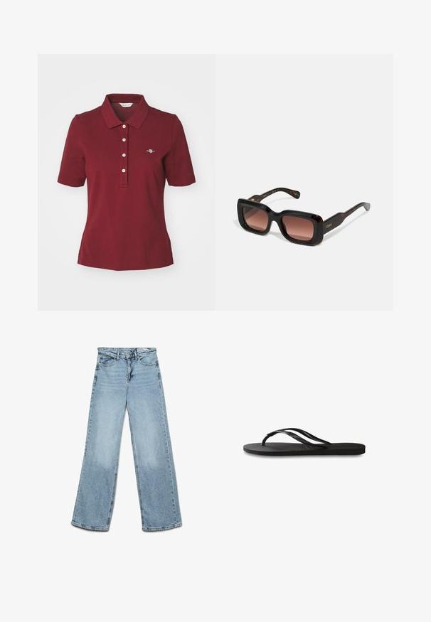 GANT SLIM FIT - Poloshirt - plumped red; Hellblaue, weit geschnittene Jeans aus Denim, mit einem klassischen Fünf-Taschen-Design und geradem Schnitt, mit minimalen Ausbleichungen an den Beinen.; Schwarze Flip-Flops mit einer strukturierten Gummisohle, zwei schlanken Riemen und einem dezenten, geprägten Logo-Detail auf dem Riemen.; Rechteckige Sonnenbrille mit dunklem Schildpatt-Rahmen, verlaufenden braunen Gläsern und goldener Markierung an den Schläfen. Glatte Textur, gewagtes Design.; Gold- und Silber-farbenes Edelstahlarmbanduhr mit einem runden weißen Zifferblatt, minimalistischen Markierungen und einem zweifarbigen Metallarmband. Verfügt über eine Krone an der Seite.