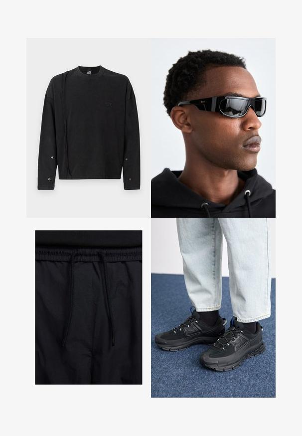 Svart langermet hettegenser med rund hals, med en subtil logo på framsiden og trykknapp-detaljer på ermene, laget av mykt stoff.; Sorte shorts med snor i livet, lett stoff med en jevn tekstur, og et enkelt design uten synlige logoer eller mønstre.; Svarte sportssko med teksturert stoff og gummisåler, med elastiske lisser og en blå detalj på hælen. Brukt med lyse denimbukser.; Sorte solbriller med et strømlinjeformet, vinklet design. Har en blank ramme og mørktonede linser. Liten gull RSF-logo på siden.