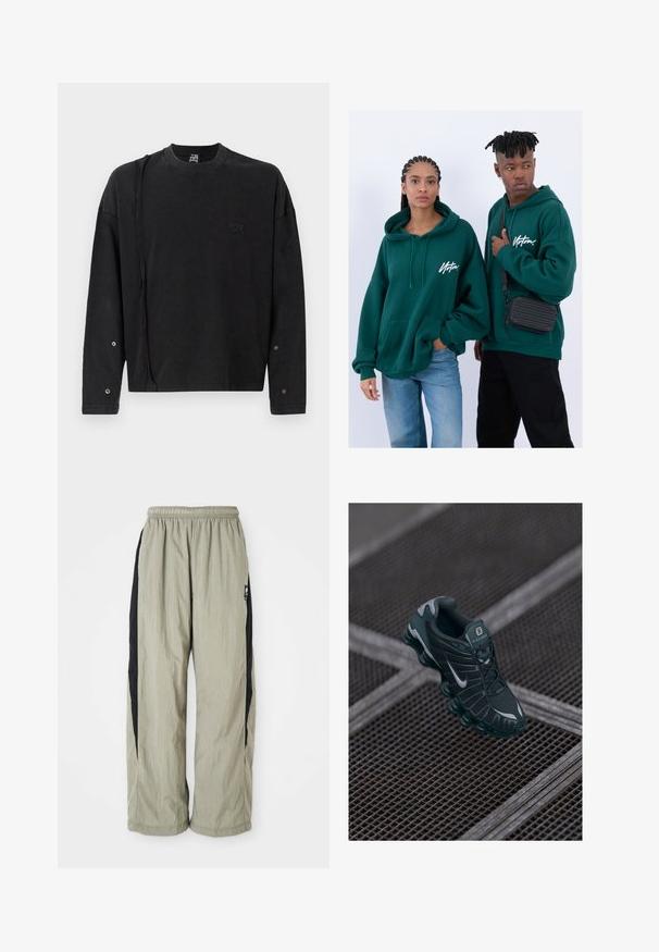 Juodas ilgomis rankovėmis džemperis su apvalia iškirpte, priešais esantis subtilus logotipas ir spaustukų detalės ant rankovių, pagamintas iš minkštos medžiagos.; Lengvos, laisvai krentančios kelnes šviesiai pilkos spalvos su juodais šonų įklotais. Su gumine juosta ir lygiu, tekstūruotu audiniu.; Tamsiai žalia Nike Shox sportinė avalynė su tinkline viršutine dalimi, guminių akcentų ir išskirtiniu paminkštintu padu. Šonėje matomas sidabrinis Nike logotipas. Matomos tekstūrinės detalės.; Žalios gobtuvu džemperiai su priekinėmis kišenėmis, laisvas fasonas. Vienas modelis dėvi juodus džinsus, kitas neša juodą per petį maišą.