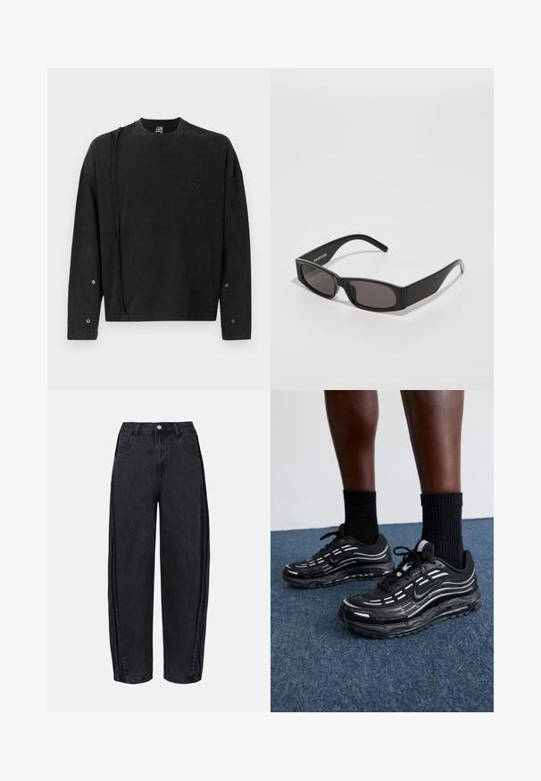 Sweatshirt preto de manga longa com decote redondo, apresentando um logo discreto na parte da frente e detalhes de botões nas mangas, feito de tecido suave.; Calças largas pretas em denim com uma textura suave. Apresentam uma cintura alta, bolsos frontais e fecho de botão na cintura.; Os sapatos pretos da Nike apresentam um upper em malha com riscas de destaque, atacadores texturizados e uma sola de borracha preta. Usados com meias pretas caneladas.; Óculos de sol retangulares pretos com lentes escuras, uma armação de plástico lisa e um logótipo discreto no braço esquerdo. Design minimalista.