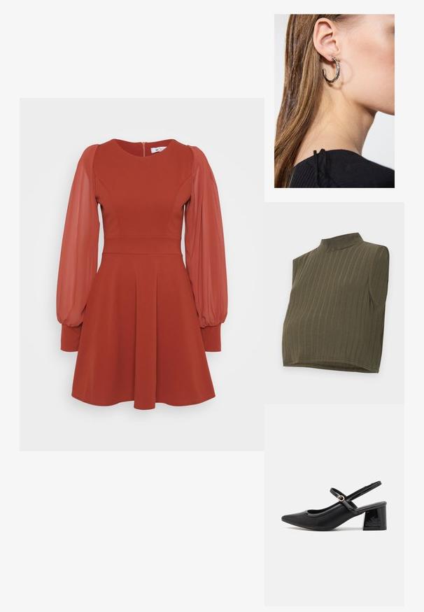 Kaki bezvirsotne blūzes ar augsto apkakli, ar vertikālu ribota raksta tekstūru un īsu dizainu. Mīksts, elastīgs materiāls ar pieguļošu siluetu.; Sarkans kleitas ar īsām pūkām caurspīdīgām piedurknēm, pieguļošs augšdaļa, izplešama svārku daļa un aizmugures rāvējslēdzējs. Izgatavota no teksturēta auduma ar gludu apdari.; Melns patentēts ādas sandales ar norādīta pirksta formu, noapaļotu izgriezuma dizainu un bloķētu papēdi. Iezīmēta ar zelta toņa sprādzi.; Zelta metalizēta sajūga soma ar gludu tekstūru, kuru rotā trīsstūrveida vāks. Rokai, kas to tur, ir kārtīgi apgriezti nagi.; Sudraba auskars ar pulētu apdari, ar maziem zelta akcentiem un apaļu formu, uz ausu ļipiņas.