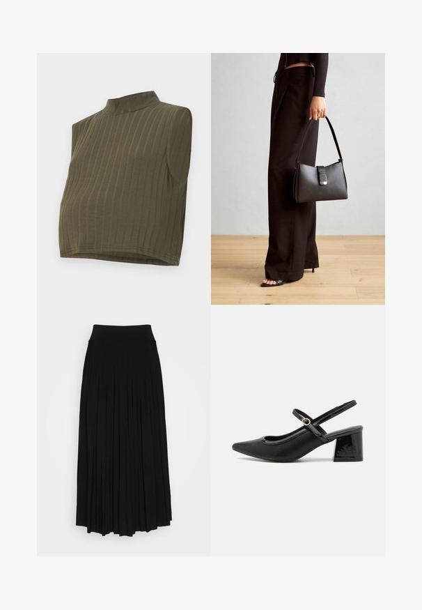 Chaki bežinis be rankovių viršus su imitaciniu kaklu, su vertikaliu raukšlėtu raštu ir trumpu dizainu. Minkšta, elastinga medžiaga su prigludusia siluetu.; Juodas plisuotas sijonas su aukštu, tampri juosta. Pagamintas iš minkštos medžiagos, turi vertikalias plisėles, sukuriantis laisvą siluetą.; Juodi patentinio odos slingback aukštakulniai su smailiu pirštu, apvaliu išpjovimu ir blokiniu kulnu. Papuošti auksiniu juostos akcentu.; Juodas rankinė struktūrizuota forma, lygi tekstūra ir metalinis užsegimas. Suporuota su plačiomis juodomis kelnėmis ir atvirais bateliais ant medinių grindų.