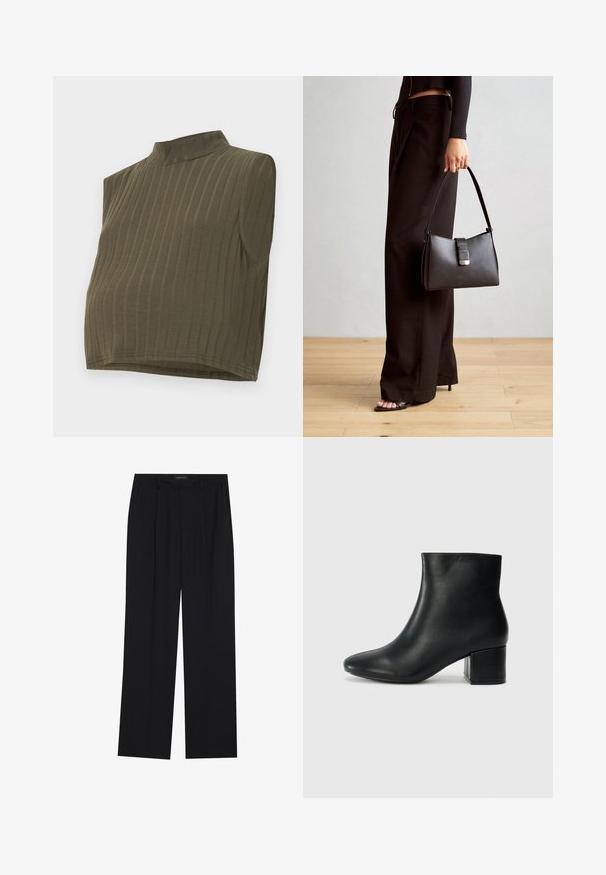 Kaki ermeløs topp med høy hals, med vertikal ribbestruktur og en kort design. Mykt, elastisk materiale med en tettsittende silhuett.; Sorte bukser med rette ben, som har to frontlommer og en talje. Laget av et glatt, lett stoff.; Sorte skinn ankelsko med spiss tå og chunky hæl. Glatt tekstur med minimale detaljer og et elegant, tettsittende design.; Svart håndveske med strukturert form, jevn tekstur og metallisk lås. Kombinert med brede svarte bukser og sandaler med åpen tå på tregulv.