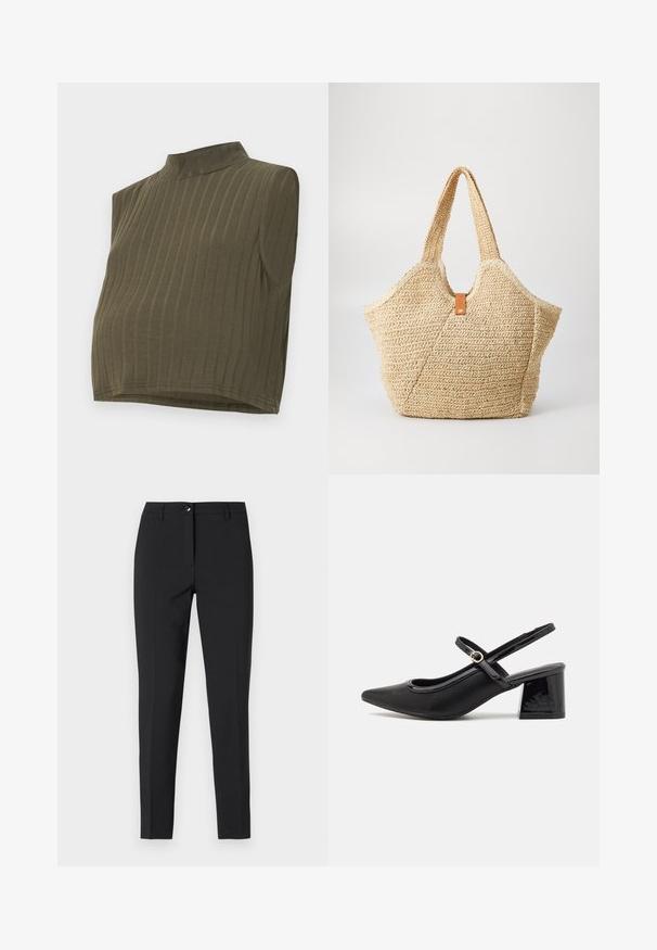 Kaki ermeløs topp med høy hals, med vertikal ribbestruktur og en kort design. Mykt, elastisk materiale med en tettsittende silhuett.; Sorte tettsittende bukser i glatt stoff, med klassisk midjebånd, frontal glidelås og sidelommer, med en strømlinjeformet, skreddersydd design.; Sorte lakk lær slingback hæler med spiss tå, et avrundet utskjæringsdesign og blokkheel. Har en gulltone spenne som detalj.; Stor stor halm tote-veske med en teksturert, beige overflate og to brede håndtak. Har en lærdetalj som lukkemekanisme.
