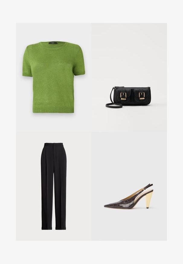 Zelena kratka majica s kratkimi rokavi, izdelana iz lahkega pletenega materiala. Okrogli izrez in rebrast rob ter manšete. Preprost, enobarven dizajn.; Črne krojene hlače z visokim pasom, z naborki spredaj, ravnim krojem in manšetami na koncu. Narejene iz gladkega materiala.; Slingback peto s koničastim nosom, v temno rjavi sijoči umetni krokodilji usnjeni različici. Ima zlate geometrijske pete in nastavljiv ankel trak.; Črna usnjena torbica čez ramo z dvema sprednjima žepoma, zlatimi zaponkami, zadrgo in ozkim pasom. Tekstura površine je strukturirana, obliko pa ima kompaktno pravokotno.