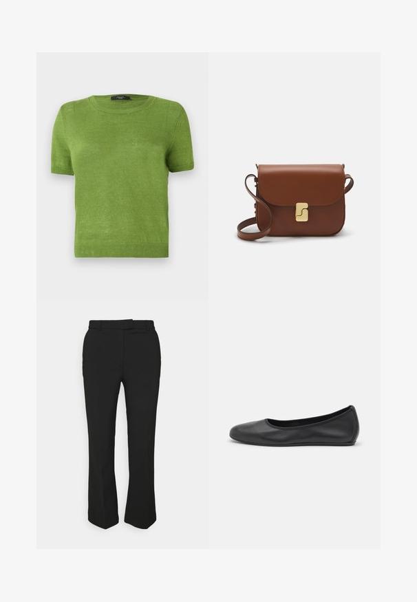 Maglione verde a maniche corte realizzato in materiale leggero a maglia. Collo rotondo e orlo e polsini a coste. Design semplice e di colore solido.; Pantaloni neri su misura con design a gamba dritta, dotati di passanti per cintura e tasche laterali. Realizzati in tessuto liscio con una finitura pulita.; Pantofole da balletto nere in pelle con punta arrotondata, texture liscia, dettagli di cucitura minimi e design con suola flessibile.; Borsa a tracolla in pelle marrone con chiusura a pattina, hardware color oro, tracolla e una finitura liscia. Forma rettangolare compatta.