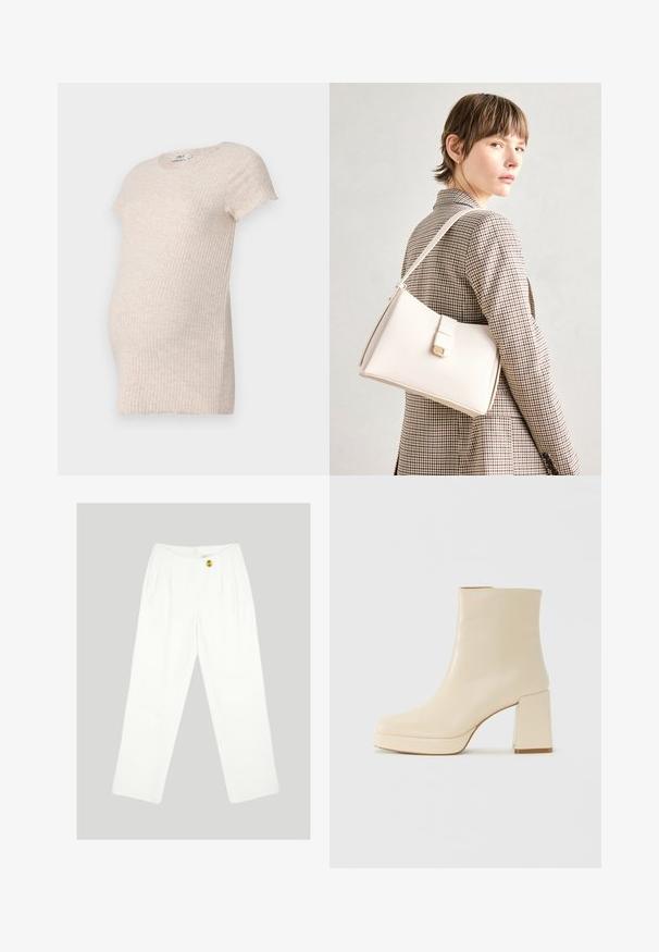 Materiałowa bluzka ciążowa z krótkim rękawem w jasnym beżowym kolorze. Posiada okrągły dekolt oraz subtelne boczne rozcięcia dla zapewnienia komfortu i łatwości noszenia.; Białe, szerokie spodnie z gładkiego materiału. Posiadają zapięcie na pojedynczy żółty guzik i plisowany przód. Brak widocznych kieszeni.; Beżowe skórzane botki za kostkę na niskim obcasie z platformą, o gładkim wykończeniu i lekko kwadratowym nosku, skierowane w lewo na białym tle.; Biała skórzana torebka o strukturalnym wzorze, z magnetycznym zapięciem i paskiem na ramię, zaprezentowana na neutralnym tle.