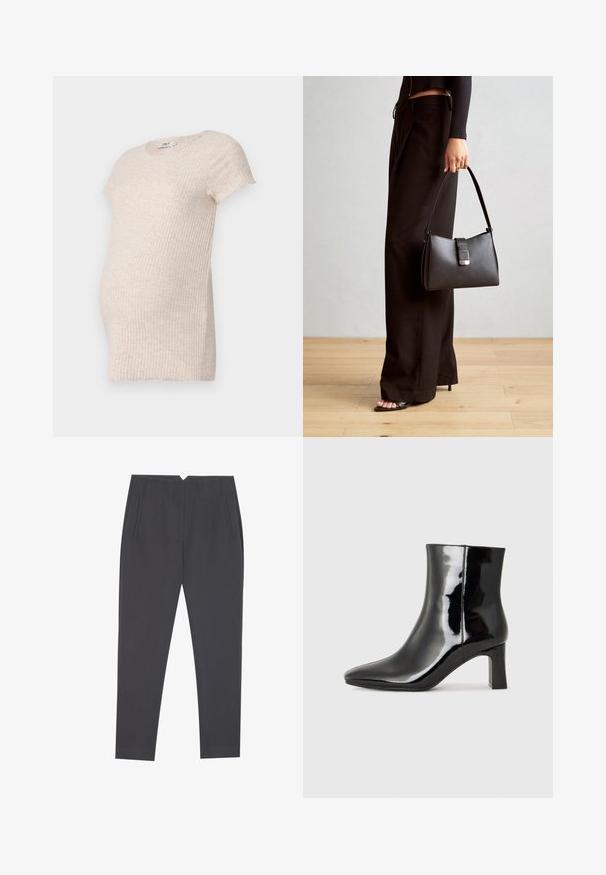 T-shirt de maternidade de mangas curtas em tecido canelado de cor bege clara. Apresenta um decote redondo e fendas laterais subtis para maior conforto e facilidade ao vestir.; Calças cinza-escuras ajustadas com bolsos laterais e pregas frontais, desenhadas para um ajuste sob medida.; Botim de tornozelo em pele sintética preta com bico apontado e salto bloco de altura média. Textura suave e design minimalista.; Bolsa preta com forma estruturada, textura suave e um fecho metálico. Combinada com calças largas pretas e sandálias de salto aberto sobre um chão de madeira.