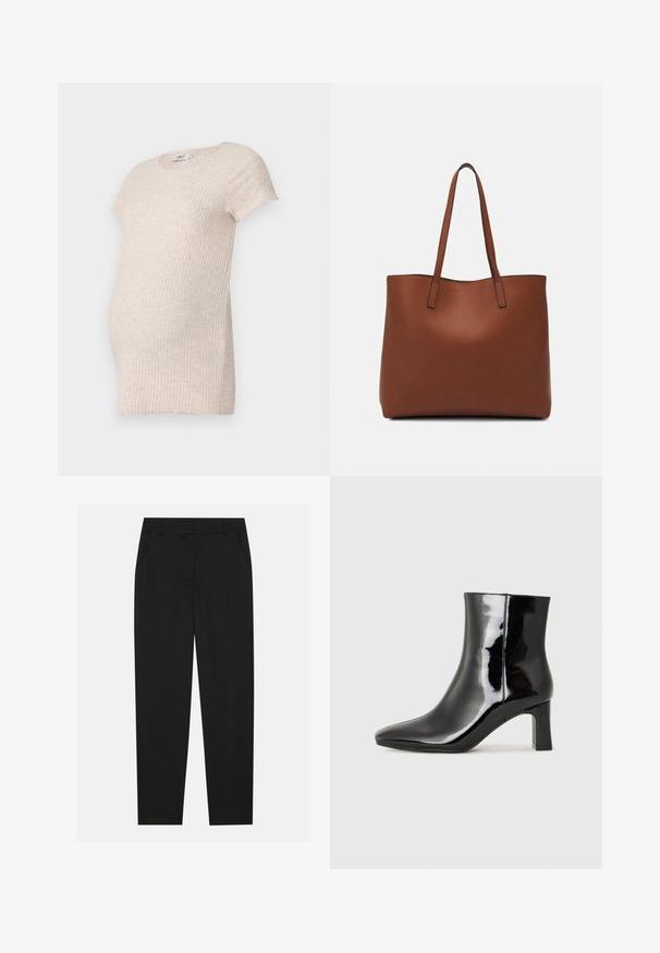 Maternity short-sleeve top in light beige ribbed fabric. Features a round neckline and subtle side slits for comfort and ease of wear.; Black trousers with a tailored design, featuring side pockets and a straight leg. Made from smooth, lightweight fabric with a sleek finish.; Black patent leather ankle boot with a pointed toe and a mid-height block heel. Smooth texture and minimalist design.; Brown leather tote bag with a smooth texture, open top design, and two shoulder straps. Features minimal stitching and no visible hardware.