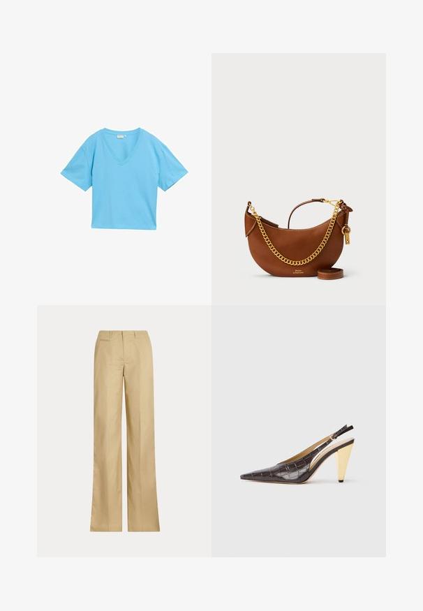 Világoskék V nyakú póló rövid ujjakkal, puha, sima anyagból készült. A szabás dobozos, laza fit.; Sima pamutból készült bézs, bő szárú nadrág, klasszikus derékrésszel és hátsó zsebből, egyenes vonalú fazonnal és minimális díszítéssel.; Hegyes orrú slingback sarok sötétbarna, fényes mű krokodilbőrben. Aranyszínű geometrikus sarka és állítható bokapánt jellemzi.; Barna bőr kézi táska íves kialakítással, arany lánc pánttal, belső zsebbel és leválasztható vállpánttal. Kontrasztos varrás jellemzi.