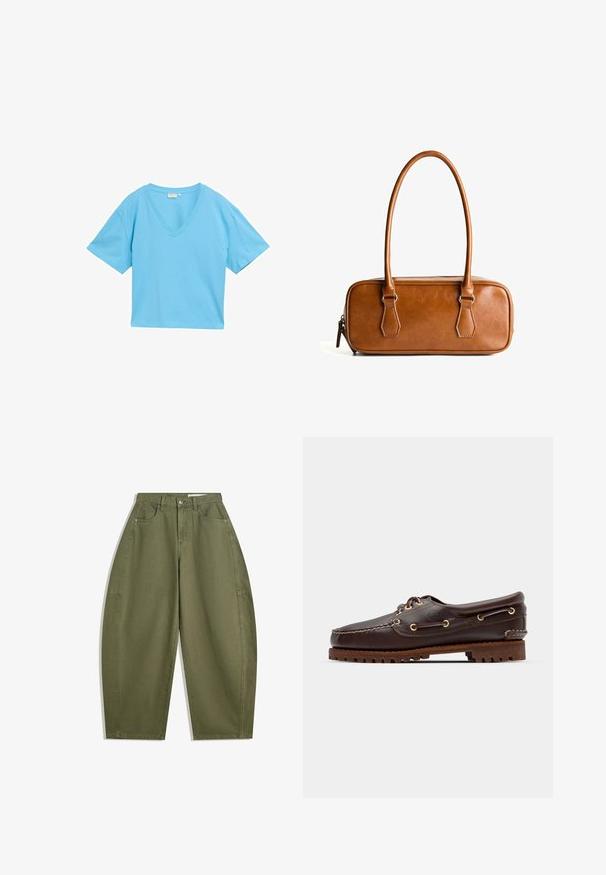 Svetlo modra V-izrez majica s kratkimi rokavi, izdelana iz mehke in gladke tkanine. Kroj je širok in udobno prilegan.; Oliveno zeleni široki hlače iz bombaža, z visokim pasom, sprednjimi žepi in gladko teksturo. Brez okrasnih elementov ali vzorcev.; Rjave usnjene čolnarske čevlje z zlatimi očesi, okroglicami in teksturiranim rjavim gumijastim podplatom. Ima šivano podrobno obdelavo in dvignjen logotip.; Brahno usnjeni ročni torbica z dvema dolgima ročkama, pravokotne oblike, gladke teksture, z zadrgo in srebrnimi kovinskimi dodatki.