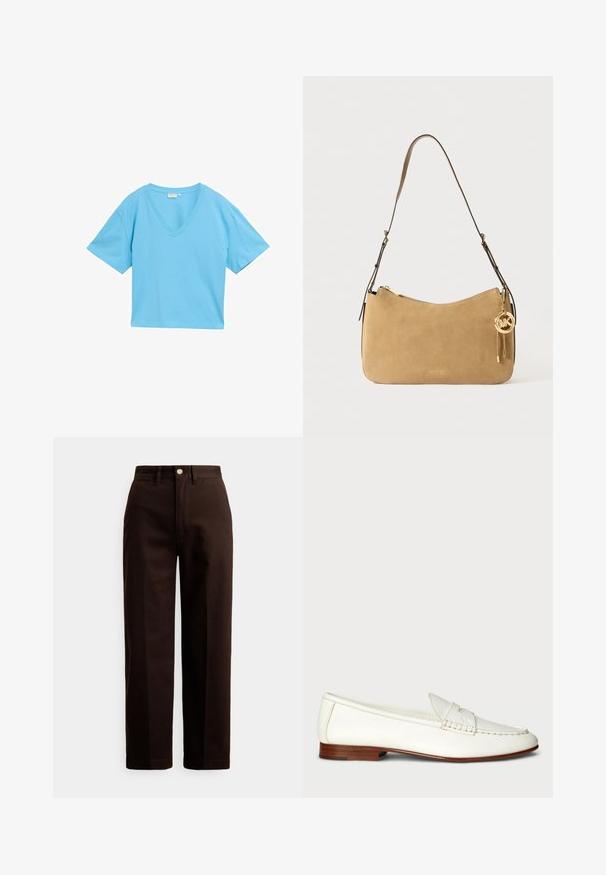 Gaiši zils V-veida T-krekls ar īsām piedurknēm, izgatavots no mīkstas, gludas auduma. Griezums ir kvadrātveida ar brīvu piegriezumu.; Tumši brūnas taisna griezuma bikses ar pogu un rāvējslēdzēja aizdari, jostas cilpām un priekšējām kabatām baltā fonā.; Baltas ādas loafers ar teksturētu virsmu, noapaļotu pirkstu daļu un austiem akcentiem. Zems koka papēdis un minimālisma dizains.; Bēšs zamšas pleca soma ar izliekta formu, zelta aksesuāriem un ar rāvējslēdzēju aizdari. Iespējamā piekārta piekariņš ar iniciāļiem "MK."