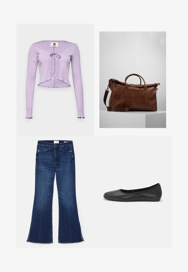 Lilla ribbet langermet topp med V-hals, frontknyting og volanger i kantene og ermene, aksentuerte med mørkeblå kant.; Mørkeblå flagrende jeans laget av denim. Har høy midje, frontlommer og splittdetaljer ved kanten. Klassisk femlommers design.; Svart skinnballettflatt med rund tå, glatt tekstur, minimal sømdetalj, og et fleksibelt såledesign.; Brun lær duffelbag med glidelås, doble håndtak, justerbar skulderreim og synlige teksturmønstre på overflaten.