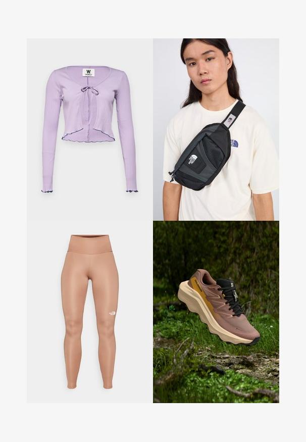Lilac ribbed long-sleeve top with a V-neck, front tie closure, and ruffled hem and cuffs accentuated with dark blue trim.; High-waisted, form-fitting leggings in a light brown color. Made from smooth, stretchy material with a white logo on the left thigh.; Salomon running shoe in brown mesh with black accents, featuring a thick cream sole and subtle branding on the side. Textured surface.; The North Face PACK UNISEX - Bum bag - black/asphalt grey
