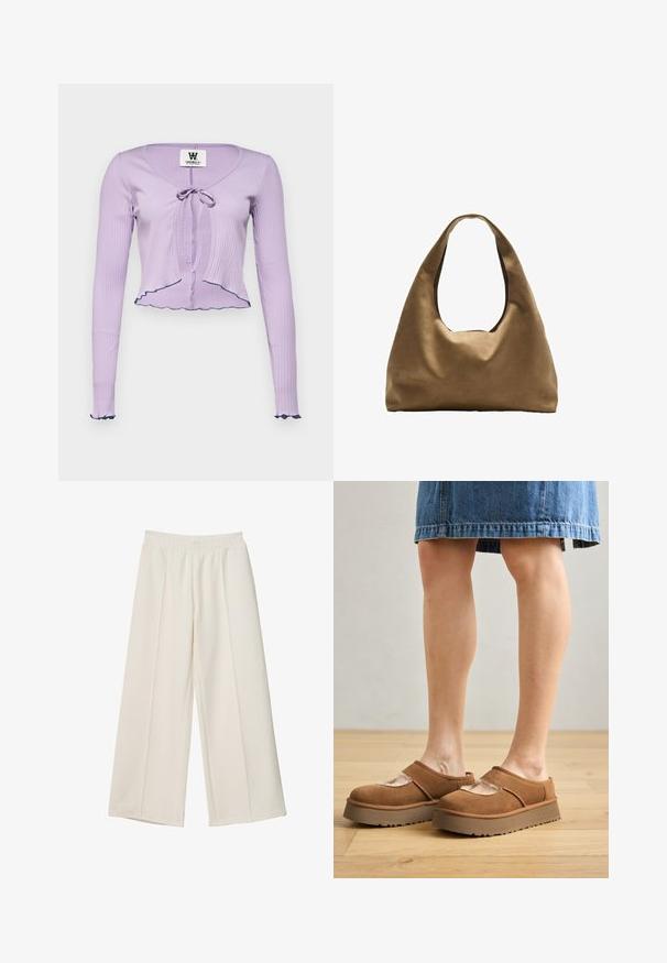 Fialová rebrovaná blúzka s dlhým rukávom a výstrihom do V, s predným viazaním a volánovým okrajom a manžetami zvýraznenými tmavomodrým lemovaním.; Široké krémové nohavice s elastickým pásom a predným švom, vyrobené z hladkého materiálu.; Hnedé semišové platformové topánky s okrúhlym prstom, vyrezávanými detailmi a pevným podrážkou, v kombinácii s džínsovou sukňou na drevenej podlahe.; Hnedá látková taška cez rameno s širokým, zaobleným telom a veľkým vyrezaným uchom. Mäkčená textúra, minimalistický dizajn a bez viditeľného kovania.
