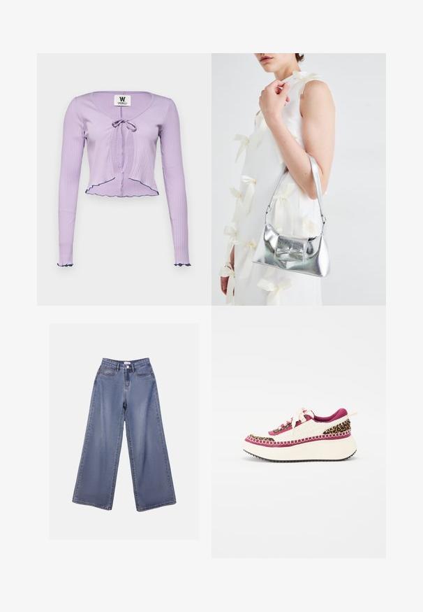 Lilla ribbet langermet topp med V-hals, frontknyting og volanger i kantene og ermene, aksentuerte med mørkeblå kant.; Bredde ben jeans i lys blå vask, med høy livhøyde, frontlommer og knappelukking med beltehemper.; Joggesko med en beige og burgunder tekstiloverdel, leopardtrykk og røde detaljer, tykk hvit mellomsåle og strukturert svart gummisåle.; Sølvmetallisk håndveske med en strukturert form, med en topphåndtak og sløyfedetalj foran. Glatt tekstur, reflekterende overflate.