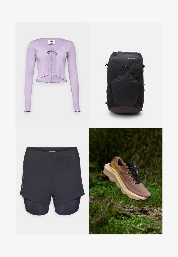 Lilla ribbet langermet topp med V-hals, frontknyting og volanger i kantene og ermene, aksentuerte med mørkeblå kant.; Mørkegrå treningsshorts med indre tettsittende for, med teksturert overflate og "Salomon"-logo på siden.; Salomon løpesko i brun mesh med sorte aksenter, med en tykk kremfarget såle og subtil merking på siden. Teksturert overflate.; Svart ryggsekk med en trekantet logo, 26L kapasitet, glidelås-lukking, teksturert nederste panel og kontrasterende røde detaljer.
