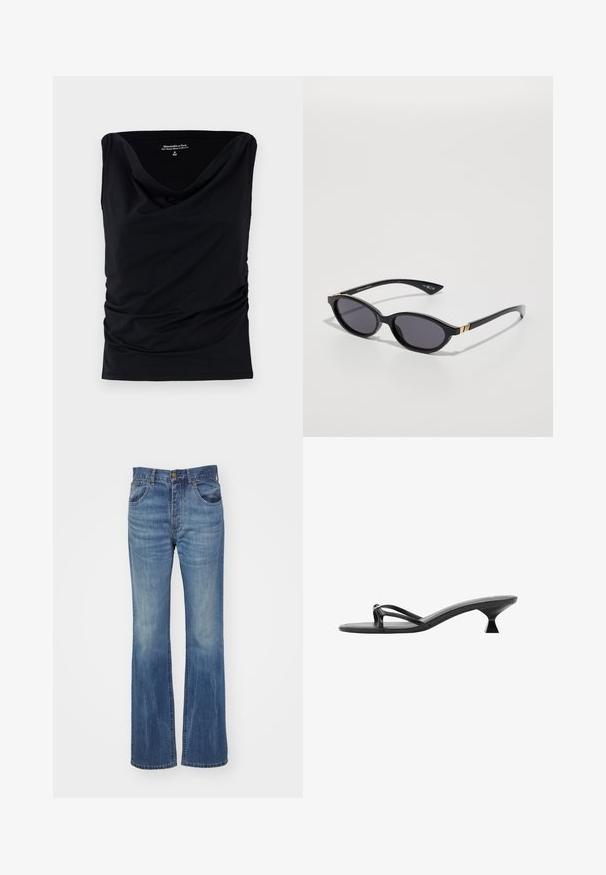 Black sleeveless top made of soft fabric, featuring a cowl neckline and gathered detailing on the sides for a fitted silhouette.; Denim shirt in medium blue with long sleeves, button-down front, pointed collar, and two chest pockets. Soft texture with standard cut.; Flared blue denim jeans with a medium wash, featuring a high waist, belt loops, and front pockets. Smooth texture with minimal distressing.; Black heeled sandals featuring a sleek design, thin straps, and a unique triangular heel. Smooth texture with a minimalistic look.; Black sunglasses with oval lenses, dark gradient tint, and slim arms featuring subtle gold accents. Smooth plastic finish.