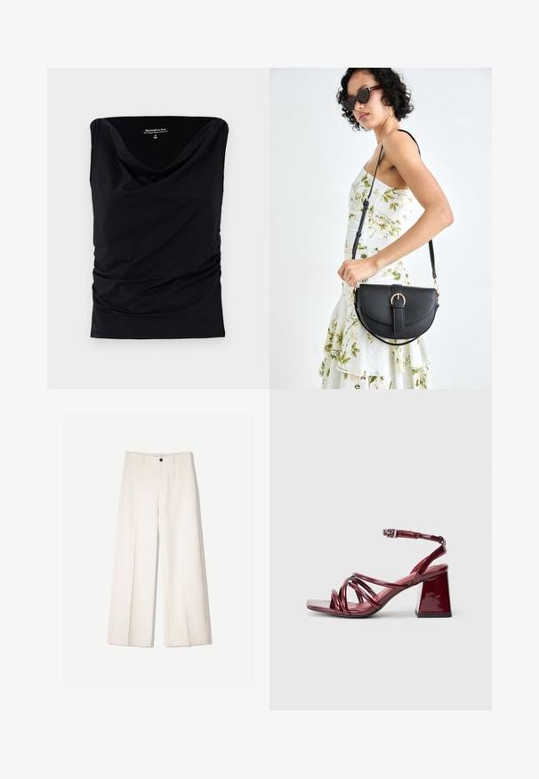 Top senza maniche nero realizzato in tessuto morbido, con scollatura a serpentina e dettagli arricciati sui lati per una silhouette aderente.; Pantaloni larghi color crema con design sartoriale, dotati di due tasche frontali e una chiusura con bottone anteriore, realizzati in tessuto liscio.; Sandali con tacco in vernice borgogna con punta quadrata, caratterizzati da più cinturini intrecciati e un tacco a blocco robusto. Cinturino alla caviglia regolabile.; Borsa a tracolla nera in pelle con una forma curva, manico rimovibile e accessori dorati. La borsa presenta una patta con un dettaglio a fibbia.