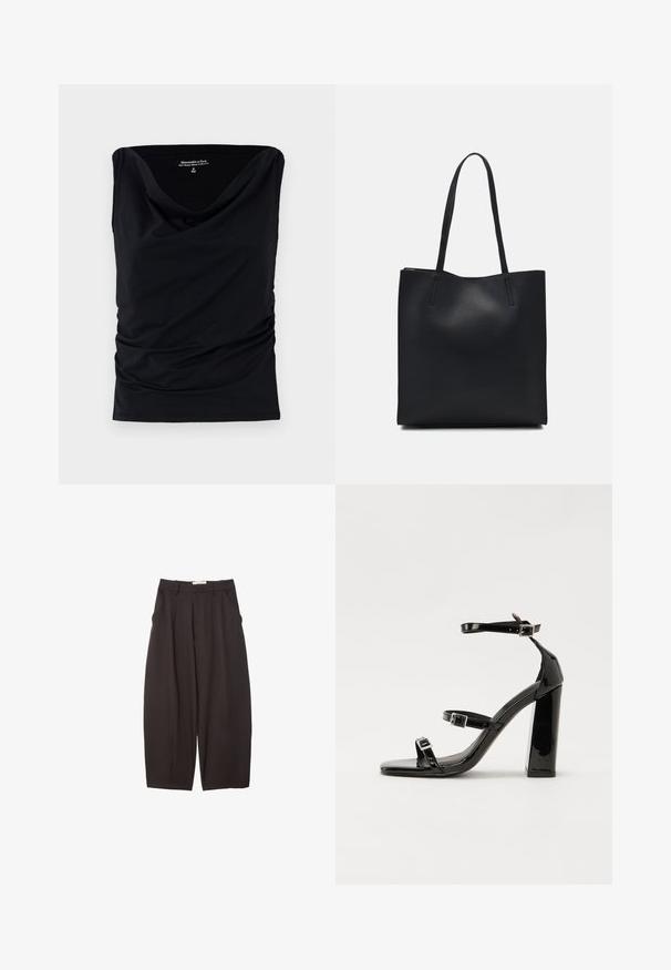Black sleeveless top made of soft fabric, featuring a cowl neckline and gathered detailing on the sides for a fitted silhouette.; Black wide-leg trousers made from a smooth fabric, featuring a high waist, front pleats, and side pockets. Simple design without embellishments.; Black patent heeled sandals with a square toe, ankle straps, and silver buckles. Features a chunky block heel for stability.; Black leather tote bag with smooth texture, rectangular shape, and two long handles. No visible hardware or embellishments.