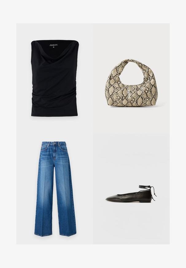 Svart ermeløs topp laget av myk stoff, med en drapert hals og samlet detailing på sidene for en tettsittende silhuett.; Bredde ben denimjeans i en mellomblå vask, med en klassisk femlomme-design, beltehemper og glidelås-lukking.; Svarte lær balletflater med spiss tå, ankelbånd og flat såle, som har en glatt tekstur og minimalistisk design.; Veske med slangeskinnmønster og krummet håndtak. Laget av teksturerte, beige og brune materialer, med et særegent diamantmønster.