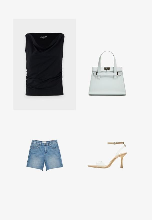 Svart ärmlös topp i mjukt tyg, med en kappa halsringning och samlad detaljer på sidorna för en figurnära silhuett.; Ljust blå denimshorts med rak passform, fransad nederkant, fem fickor och en märkesetikett på midjan. Jämn tvätt och robust tyg.; Klart häl sandal med en transparent ovandel, beige fotbädd och en smal ankelrem. Har en spetsig tå och en tunn hög klack.; Ljusblå handväska med strukturerad design, två handtag och ett clasps i silverfärgad metall. Texturerat material och skarpa hörn.