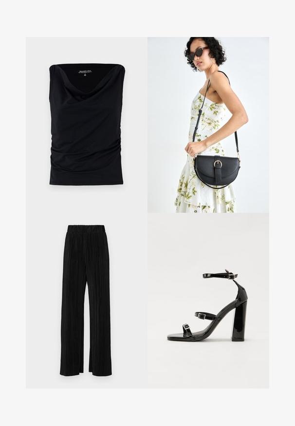 Fekete ujjatlan felső, puha szövetből készült, csepp alakú dekoltázzsal és oldalán ráncolt részletekkel, amely illeszkedő szilikon hatást kölcsönöz.; Fekete pliszírozott nadrág gumis derekkal. Széles lábakkal rendelkezik, sima, texturált anyagból készült, függőleges csíkokkal.; Fekete lakk magas sarkú szandál négyzet alakú orral, bokapántokkal és ezüst csatokat tartalmaz. Masszív blokk sarka a stabilitásért felel.; Fekete bőrtáska ívelt formával, levehető pánttal és arany színű fémrészekkel. A táskán egy csattal díszített fedél található.