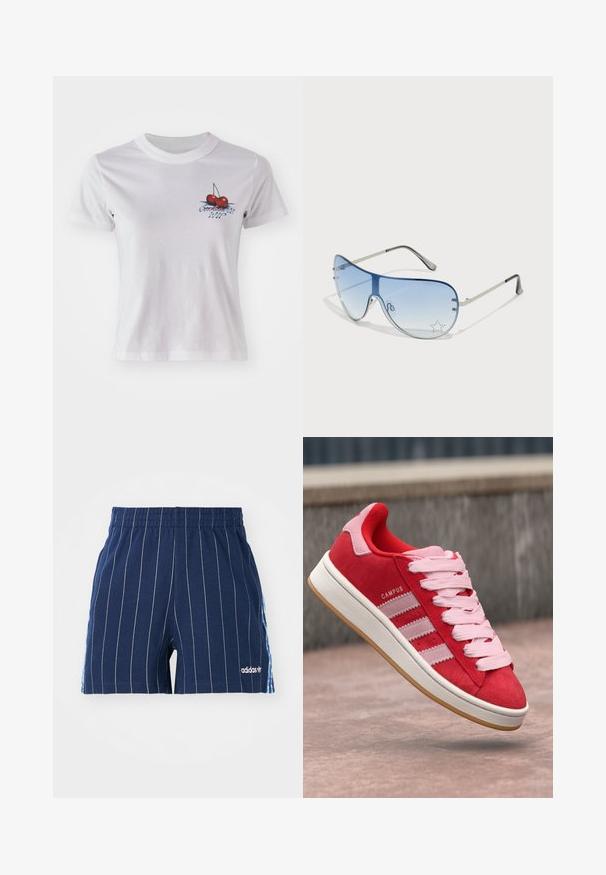 T-shirt de algodão branco com um gráfico de cereja e o texto "Conchita WIP" em azul. Mangas curtas e design de gola redonda.; Calções azul marinho com riscas brancas, cintura elástica e logótipo Adidas. Possui pormenores azuis nas laterais, feitos em material de mistura de algodão.; Sapatilha vermelha em camurça com detalhes em rosa, apresentando três riscas brancas e atacadores rosa claro. Meio solado branco e sola em borracha tipo goma.; Óculos de sol aviador com lentes azuis em degradê, armação metálica prateada e detalhes decorativos de estrelas nas lentes. Design suave e elegante.