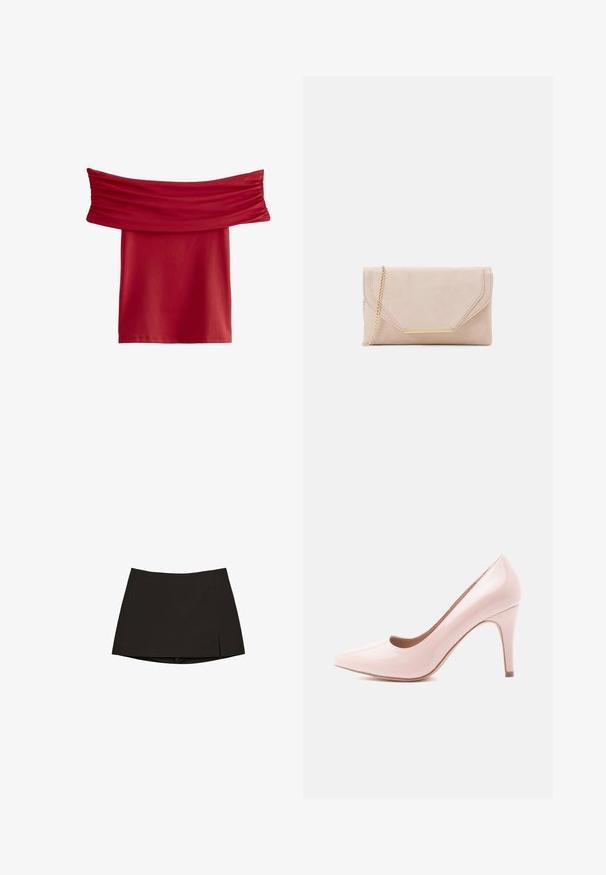 Czerwona bluzka bez rękawów z falbaniastym materiałem przy dekolcie. Gładki, elastyczny materiał; długość do kolan, bez widocznych wzorów czy elementów metalowych.; Czarna mini spódnica o prostym kroju i delikatnym rozcięciu po boku. Wykonana z gładkiego materiału, z czystym wykończeniem i minimalistycznym designem.; Różowe lakierowane szpilki z wydłużonym noskiem i elegancką sylwetką, z 10-centymetrowym obcasem w kształcie stiletto i gładką powierzchnią.; Beżowa skórzana kopertówka z złotym łańcuchem i prostokątnym akcentem z okucia. Posiada klapkę z zagiętymi krawędziami oraz detalem w postaci przeszyć.