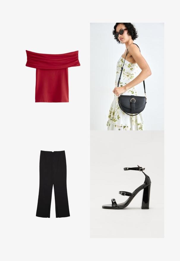 Červený top s odkrytými rameny, s nařaseným materiálem u výstřihu. Hladký, elastický materiál; délka ke kolenům, bez viditelných vzorů nebo kovových prvků.; Černé kalhoty s rovným střihem, s předními kapsami a bočními rozparky na lemu. Vyrobené z jemné, hladké tkaniny. Vhodné na různé příležitosti.; Černé lakované sandály na podpatku se čtveratou špičkou, lýtkovými pásky a stříbrnými přezkami. Disponují masivním blokovým podpatkem pro stabilitu.; Černá kožená kabelka s křivkovým tvarem, odnímatelným popruhem a zlatými detaily. Kabelka má klopu s přezkou.