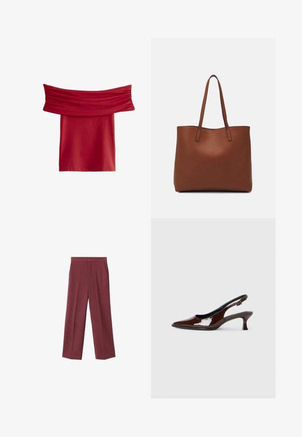 Rdeča bluzica brez naramnic z nabranim materialom ob vratu. Gladek, raztegljiv material; dolžina do kolen, brez vidnih vzorcev ali dodatkov.; Maroonske široke hlače z gladko teksturo, ki imajo stranske žepke in visok pas. Prilagojene z čistim sprednjim pregibom.; Rjavi lakirani slingback čevelj z ostro konico in zmerno peto. Ima zaponko za varno prileganje. Gladka tekstura.; Rjava usnjena torba z gladko teksturo, odprto zasnovo zgoraj in dvema naramnima trakovoma. Opremljena je z minimalnim šivanjem in brez vidnih kovinskih delov.