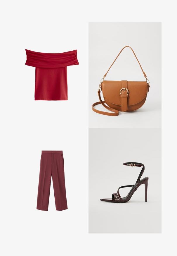 Rode off-the-shoulder top met geraffineerde stof bij de halslijn. Glad, rekbaar materiaal; knielange ontwerpen, zonder zichtbare patronen of hardware.; Bordeaux brede broek met een zachte textuur, voorzien van zijzakken en een hoogtaille ontwerp. Strak gesneden met een nette voorplooi.; Bordeaux gepatineerde leren hoge hakken sandaal met een enkelbandje, puntige neus en drie horizontale banden over de voet. Details met gouden gesp.; Bruine leren schoudertas met een gebogen vorm, gouden hardware en een gespaccent. Bevat een afneembare schouderriem.