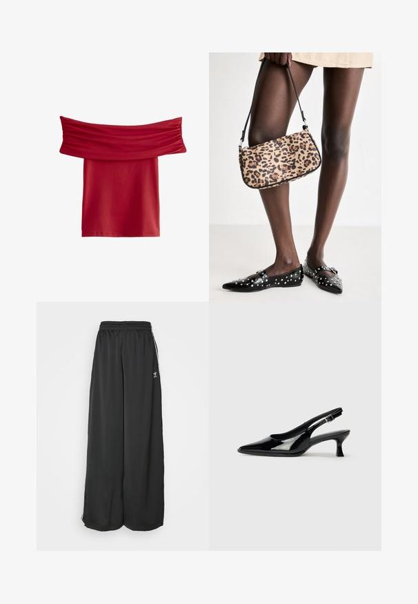 Punane õlavarrelt avatud topp, mille kaeluse juures on kogutud kangas. Sile, veniv materjal; põlvepikkune disain, nähtavate mustrite või metallosadeta.; Mustad, vabalt langevad spordipüksid, mis on valmistatud siledast kangast. Omab elastset vöökoht ja külgedel triibusid koos logo aktsentidega.; Mustad õhukesed kingad mustast lakknahast, terava varbaga ja madala plokknõelaga. Reguleeritav pandla rihm ankle.; Leopardi mustriga käekott musta rihmaga, millel on ristkülikuline kuju ja sile pind. Kott on hoitud mustade narmastega lamellide kõrvale.