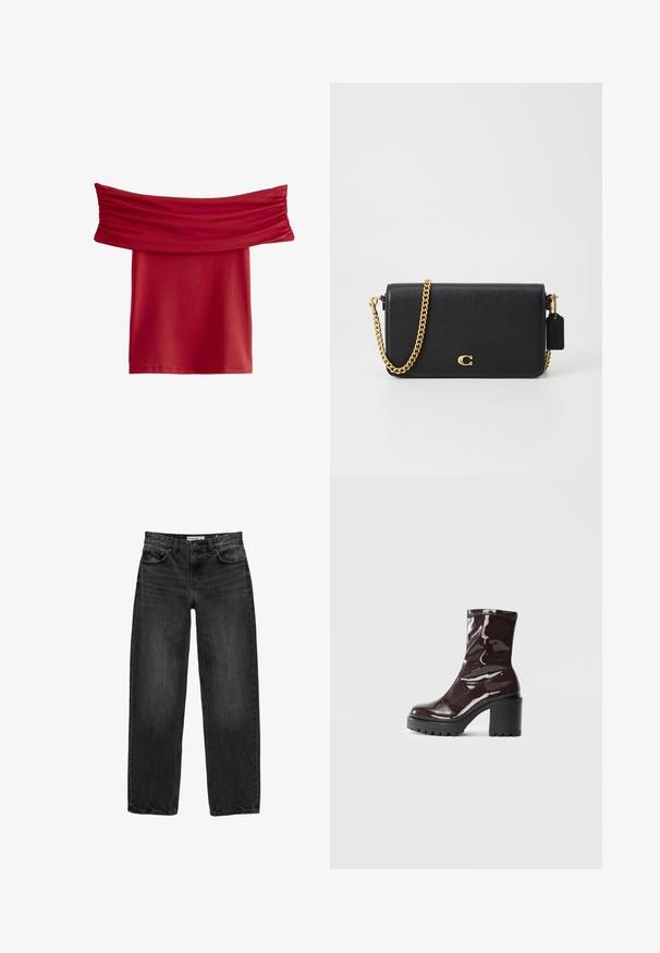 Red off-the-shoulder top with gathered fabric at the neckline. Smooth, stretchy material; knee-length design, no visible patterns or hardware.; Black denim jeans with a relaxed fit, straight leg, five-pocket design, and a slightly faded texture. Button and zipper closure at the front.; Glossy burgundy ankle boot with a chunky black heel, featuring a smooth texture and simple design. No visible fastenings or patterns.; Black leather crossbody bag with a textured surface, gold chain strap, and a small tag. Features a prominent logo on the front.