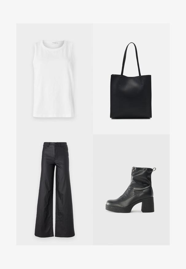 White sleeveless top made of soft cotton. Features a round neckline and straight cut. Plain design with no visible patterns or accents.; Black, wide-leg pants in a faux leather material. Features a high waist, belt loops, two front pockets, and stitched detailing.; Black ankle boots made of smooth leather, featuring a side zipper, chunky textured heel, and rounded toe design.; Black leather tote bag with smooth texture, rectangular shape, and two long handles. No visible hardware or embellishments.