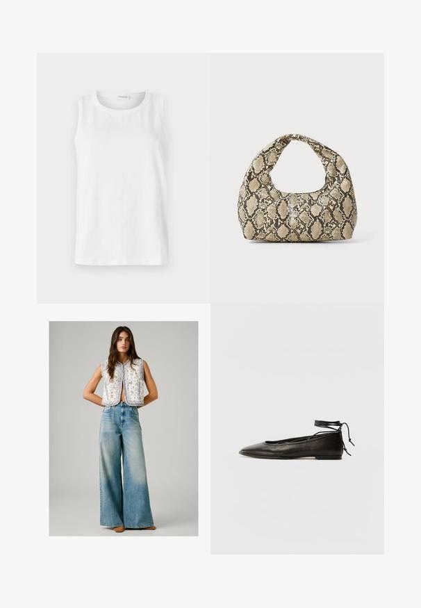 Balts bez piedurknēm tops, kas izgatavots no mīkstas kokvilnas. Iespējo apaļu dekoltē un taisnu griezumu. Vienkāršs dizains bez redzamām rakstu vai akcentu detaļām.; Sieviete, ģērbta bezpiedurkņu baltā ziedu raksta vestē, apvienota ar augsto jostasvietu platām izbalējušām zilām biksēm un brūnām kurpēm, stāv ar rokām aiz muguras.; Melnas ādas baleta kurpes ar smailu purngalu, potītes saitēm un plakanu zoli, kas izceļas ar gludu tekstūru un minimālistisku dizainu.; Čūsku raksta soma ar izliekto rokturi. Izgatavota no teksturētiem, bēšiem un brūniem materiāliem, ar izteiksmīgu dimanta rakstu.