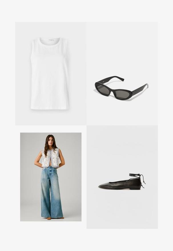 Weißes ärmelloses Top aus weicher Baumwolle. Verfügt über einen runden Ausschnitt und einen geraden Schnitt. Schlichtes Design ohne sichtbare Muster oder Akzente.; Frau trägt ein ärmelloses weißes Oberteil mit blumigem Muster, kombiniert mit hochgeschnittenen, weiten, hellblauen Jeans und braunen Schuhen, steht mit hinter dem Rücken verschränkten Händen.; Schwarze Leder-Ballerinas mit spitzem Zehenbereich, Knöchelband und flacher Sohle, die eine glatte Textur und ein minimalistisches Design aufweisen.; Schwarze Sonnenbrille mit ovalen Gläsern, eleganten Kunststoffrahmen und gebogenen Schläfen. Die Gläser sind dunkelgrau und bieten ein modernes geometrisches Design.